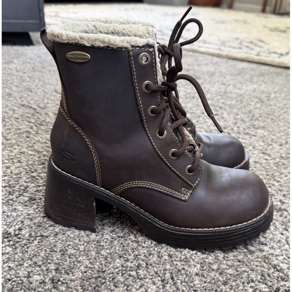 Skechers VTG Lug Sole Chunky Platform Ankle‎ Boots Women 8 Brown Leather Y2K